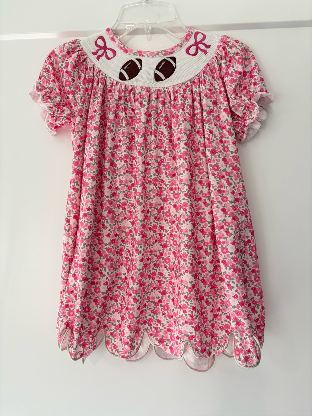 Boutique Pink Floral Puff Sleeve Football Bow Smocked Dress 4T